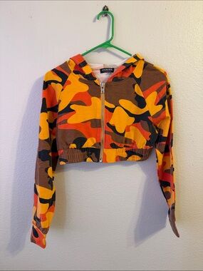 Fashion Nova Orange Brown Black Camo Zip Crop Hoodie